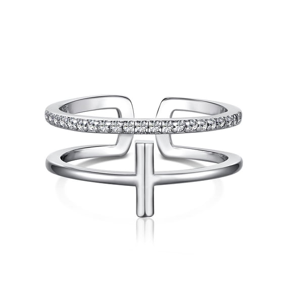 1 pc Rhodium Plated 925 Sterling Silver Cross Open Cuff Rings with Cubic Zirconia with S925 Stamp Real Platinum Plated 8.3mm US Size 7(17.3mm)