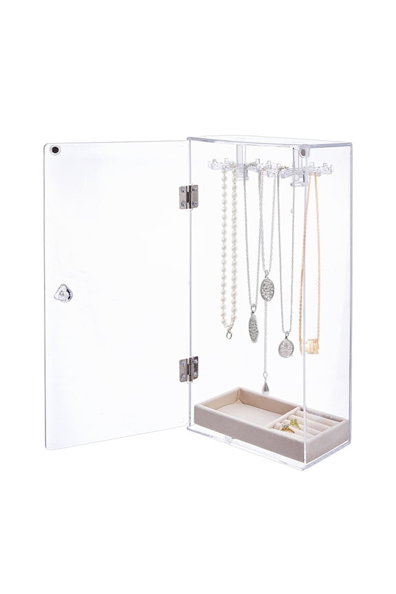 1 pc Rotatable Acrylic Necklace Hanging Organizer Storage Boxes Dust-Proof Rotatable Display Case Rectangle Clear 15.6x8.3~9.8x31.9cm