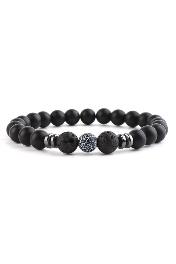 1 pc Round Natural Crakled Black Agate Beaded Stretch Bracelets for Women Men with Frosted Black Onxy Beads
