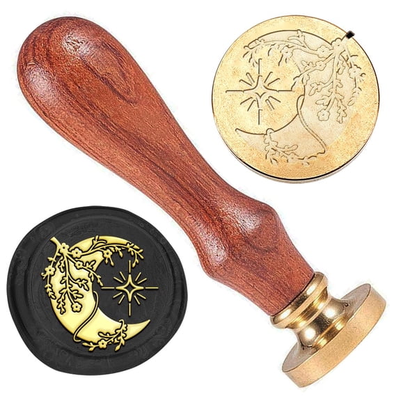 1 pc Seal Stamp Set Golden Tone Sealing Stamp Solid Brass Head with Retro Wood Handle for Envelopes Invitations Gift Card Moon 83x22mm