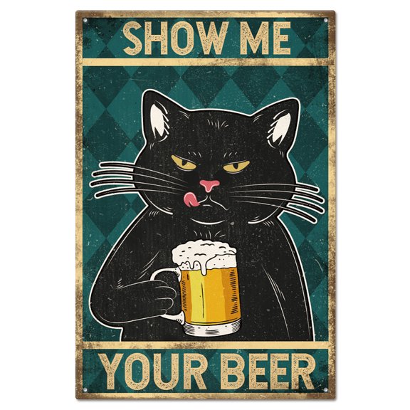 1 pc "Show Me Your Beer" Vintage Metal Bar Tin Sign Plaque Poster 8?12inch Retro Cat Metal Wall Decorative Tin Painting Signs for Home Bar Club Orchard Decoration