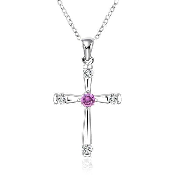 1 pc Silver color Plated Brass Cubic Zirconia Cross Pendant Necklaces Purple 18 inch