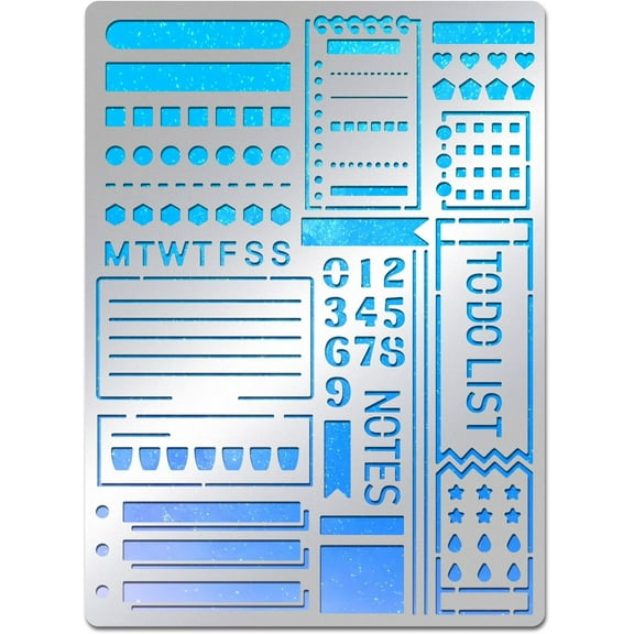 1 pc Stainless Steel Journal Planner Stencil with English Alphabet Numbers Circular Patterns Reusable Stainless Steel Stencil Tool for Painting Albums Scrapbooking 7.5x5.5inch