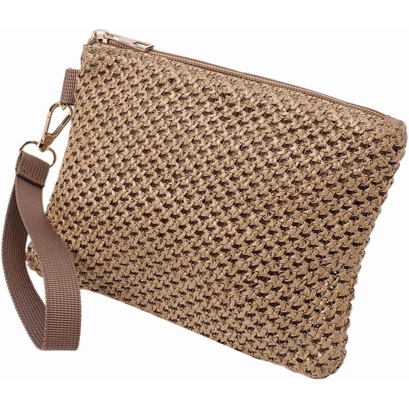 1 pc Straw Plaited Cosmetic Zipper Bags Sandbeach Clutch Bags Rectangle BurlyWood 21x15x1cm