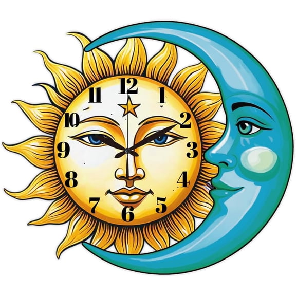 1 pc Sun and Moon Pattern Wall Clock 14.9 Inch Star Wood Grain Non-Ticking Irregular Shape Clocks Wall Hanging Clock Battery Operated