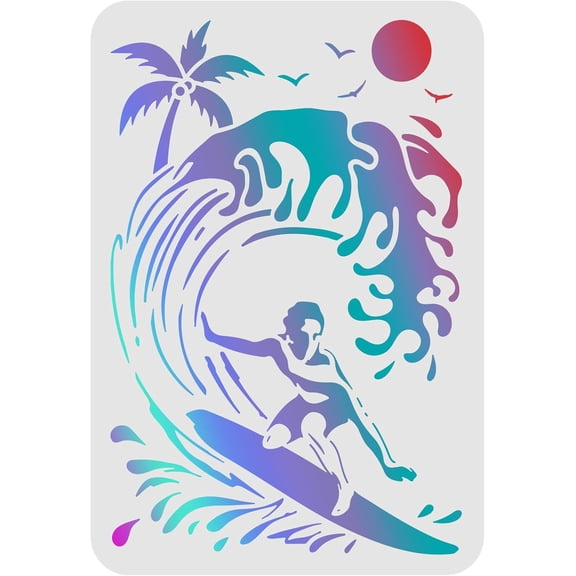 1 pc Surfing Stencils 11.7x8.3 inch A4 Plastic Wave Drawing Painting Stencils Sun Palm Trees Seagull Pattern Wall Stencils Reusable Stencils