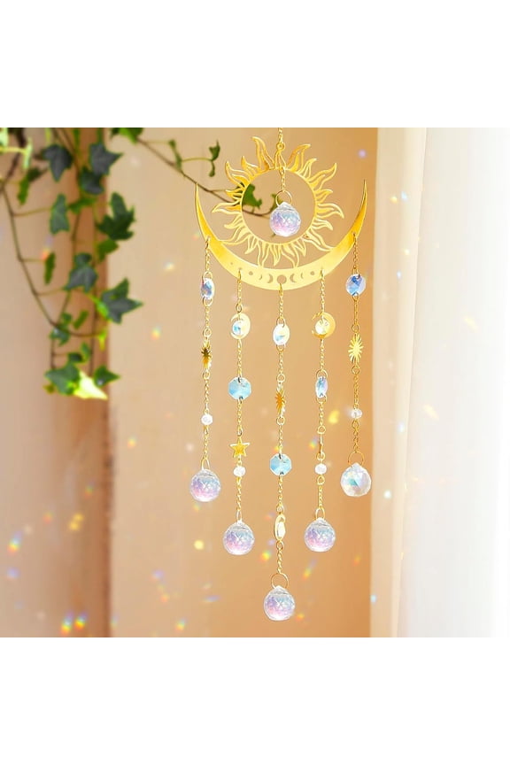 1 pc Teardrop Glass Suncatcher for Windows Rainbow Maker Metal Charm Hanging Ornaments for Home Outdoor Decorations Moon 500mm