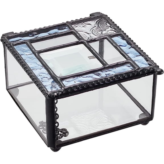 1 pc Tin Jewelry Box with Glass Square Cornflower Blue 9x8x5cm
