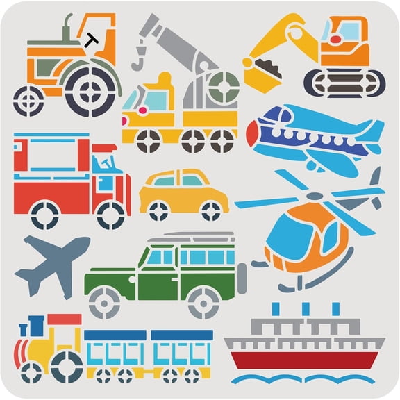 1 pc Transport Theme Plastic Painting Stencils Plane Boat Car Train Pattern Reusable Drawing Template for Art Painting Scrabooking DIY Decor 12x12inch