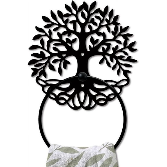 1 pc Tree of Life Metal Towel Ring Leafy Plant Towel Holder Tree Bath Towel Ring for Wall Black Art Towel Rack Wall Mounted for Bathroom Kitchen Towel Hanger Home Decors Gift