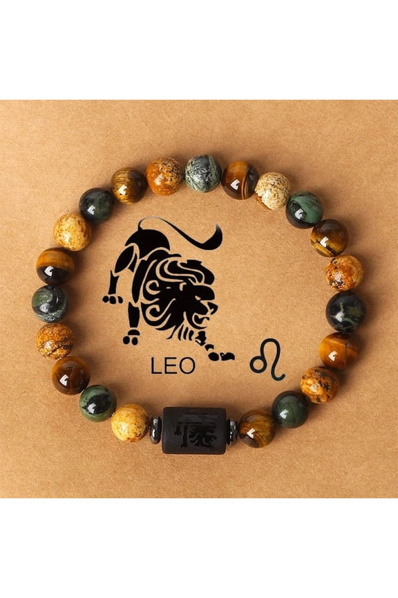 1 pc Twelve Constellations Natural Tiger Eye & Picture Jasper & Rhyolite Jasper Round & Column Beaded with Gift Card Leo 2-3/8 inch(6cm)