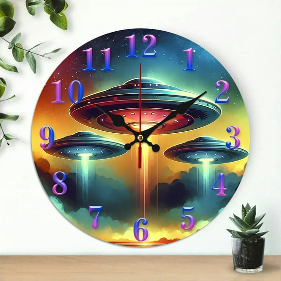 1 pc UFO spaceships alien Theme Wall Clock, 10 inch Round Clock Great for Living Room, Kitchen, Dorm Decoration and Daily Practical Gift
