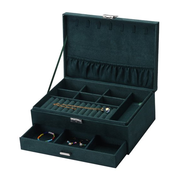 1 pc Velvet Wood Jewelry Boxes Portable Jewelry Storage Case with Alloy Lock for Ring Earrings Necklace Rectangle Sea Green 27.3x19.5x10.3cm