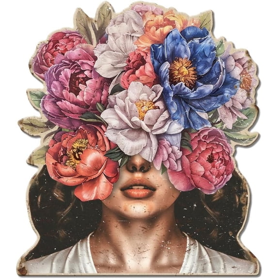 1 pc Vintage Metal Flower Woman Tin Sign Retro Flower Lady Plaque Poster Metal Wall Decorative Tin Signs Art Decor for Home Room Office Garden Cafe Decoration