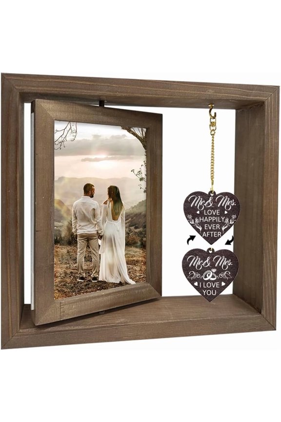 1 pc Wedding Double Sided Wooden Rotating Photo Frames with DIY Word Heart Charm for Tabletop Decoration Word Mr. & Mrs. 210x230x15mm