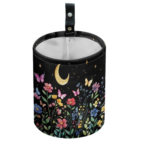 1 pc Wildflowers Moon Car Trash Can Butterflies Waterproof Car Garbage Can Car Seat Back Hanging Trash Bag Camping Garbage Bin Storage Bag Collapsible Trash Container for Car 5.9 x 7.3 in