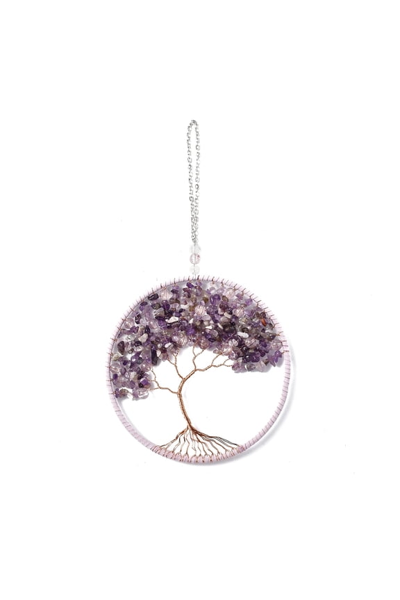 1 pc Wire Wrapped Chips Natural Amethyst Big Pendant Decorations with Iron Chains and Imitation Leather Rope Flat Round with Tree of Life 295mm Amethyst