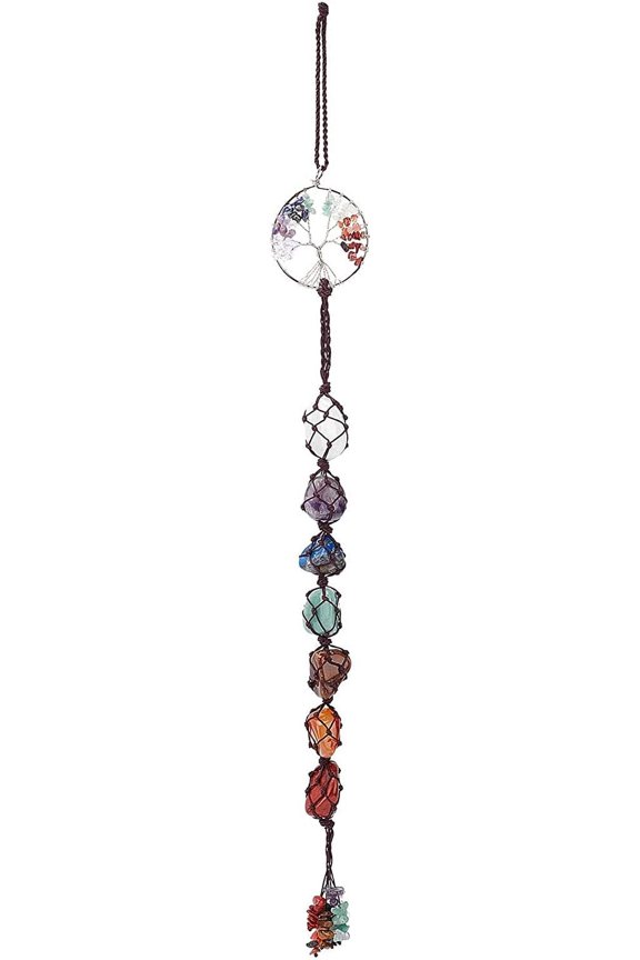 1 pc Wire Wrapped Chips Natural Gemstone Big Pendant Decorations with Iron Wires and Polyester Cord Flat Round with Tree of Life 510mm for Handmade