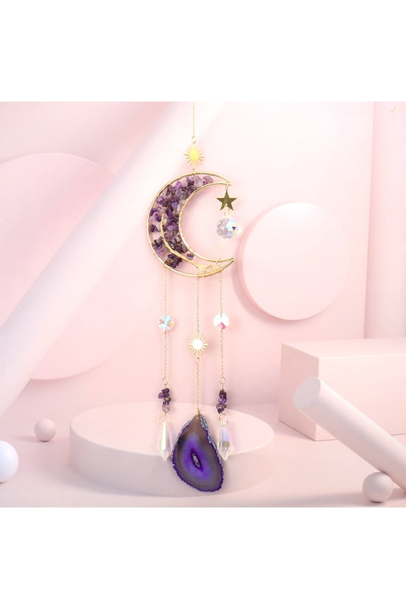 1 pc Wire Wrapped Natural Amethyst Moon with Tree of Life Pendant Decorations Glass Cone and Natural Agate Slice Suncatchers Tassel Window Hanging Ornaments 530~585mm