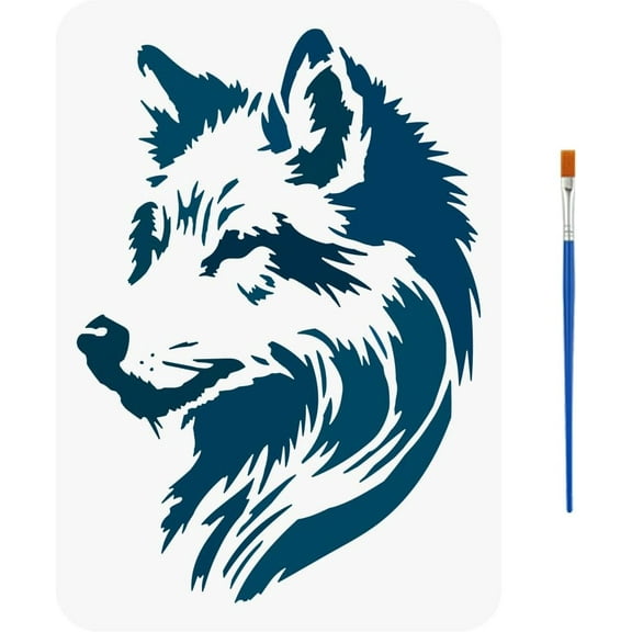 1 pc Wolf Stencils with a Paint Brush 11.7x7.9Inch Realistic Wolf Stencils Wolf Head Pattern Stencil Reusable Wolf Portrait Painting Stencil Animal Themes Wolf Template for DIY Crafts