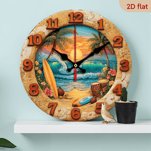 1 pc wall clock.Accurate timing, frameless design, simple and elegant. Silent movement, silent walking, healthy sleep every day,10*10inch.Beach and surfboard