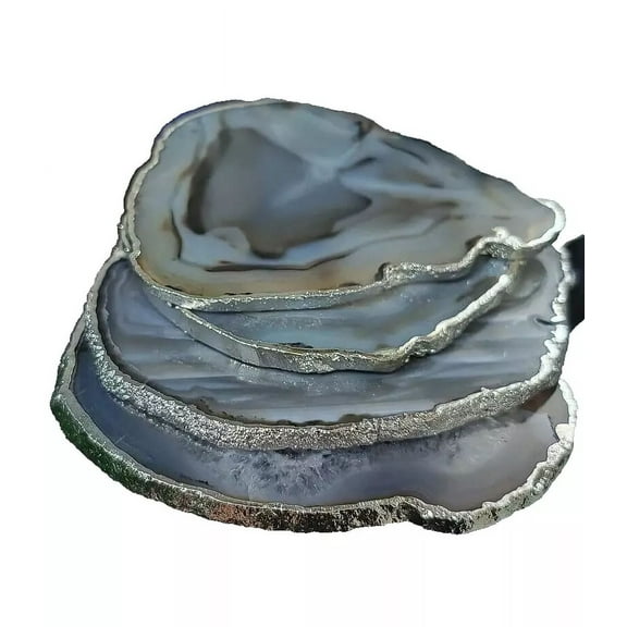 1 pcs Agate Coasters 4-5" Natural White Agate Healing Crystal Stone Coasters with Silver Edge