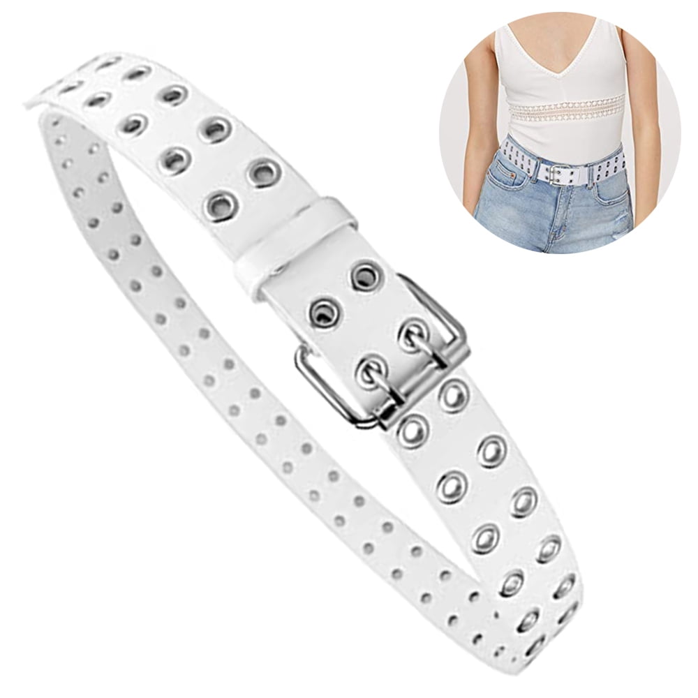 1 pcs Grommet Leather Belts for Women, Double Prong Buckle Vintage Punk Jeans Belts