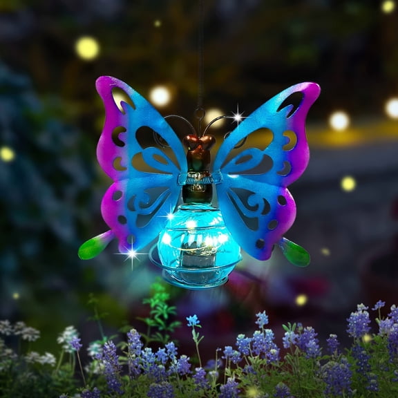 1 pcs, Solar Powered Garden Butterfly Beetle Hanging Decor, Outdoor Yard Tree Decoration with LED Glow , Blue