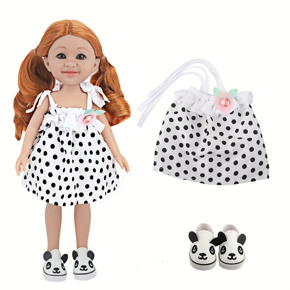 1 piece of 14-inch doll + polka dot suspender skirt + shoe set, big eyes, yellow hair, beautiful doll cute and realistic doll, beautiful polka dot clothes, bear pattern shoes can be replaced