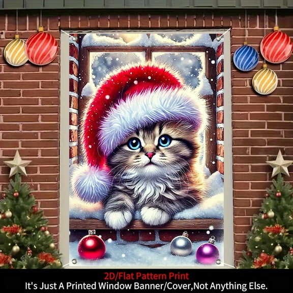 1 piece, 2D flat banner, Christmas cat pattern curtain decoration, door and window decoration banner, festival party supplies, home decoration, suitable for indoor and outdoor party decoration, 31.5x