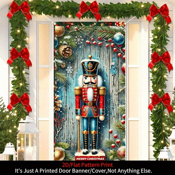 1 piece, 2D flat banner, Christmas door cover decoration banner, Christmas Nutcracker soldier pattern banner background, winter Christmas party supplies, home decoration, suitable for indoor and outd