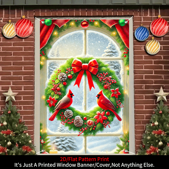 1 piece, 2D flat banner, Christmas red bird floral pattern curtain decoration, winter door and window decoration banner, Christmas party supplies, home decoration supplies, suitable for indoor and ou