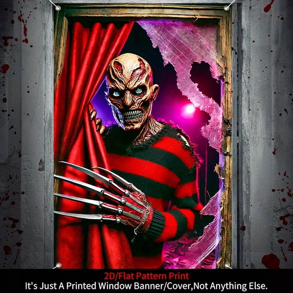 1 piece, 2D flat banner, Halloween horror demon curtain decoration, horror door and window decoration banner, Halloween party supplies, home decoration party supplies, suitable for indoor and outdoor