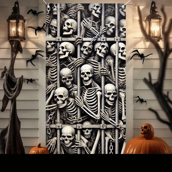 1 piece, 2D flat banner, Halloween skull door cover decorative banner, terrifying zombie pattern banner background, Halloween party supplies, home decoration, suitable for indoor and outdoor party de