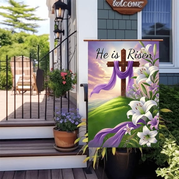 Easter Garden Flag with Cross and Lily Design, Double-Sided Polyester Outdoor Flag for Yard or Porch, 12 x 18 Inch