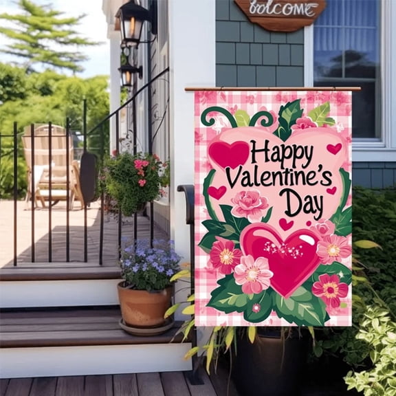 Valentine’s Day Garden Flag with Heart and Floral Illustration, Double-Sided Polyester Outdoor Decorative Flag for Yard or Porch, 12 x 18 Inch