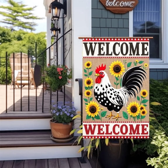 Welcome Garden Flag with Rooster and Sunflower Design, Double-Sided Polyester Outdoor Decorative Flag for Yard or Porch, 12 x 18 Inch