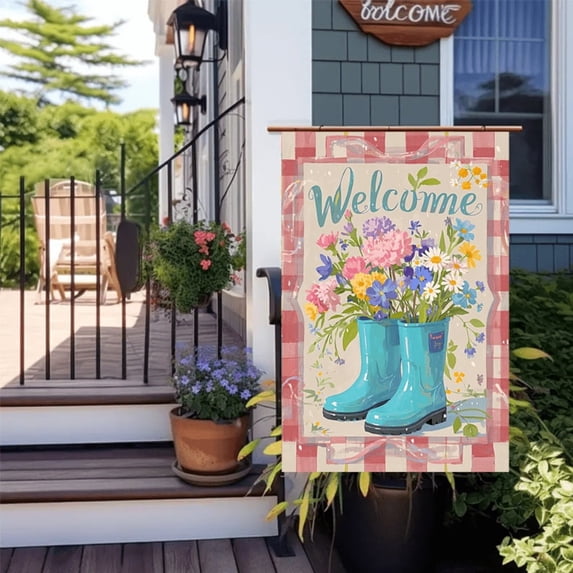 1 piece, 2D flat double-sided spring welcome flag - courtyard sign, garden flag banner, perfect for courtyard, lawn and outdoor decoration, garden decoration, party decoration items, 12x18 inches, wi