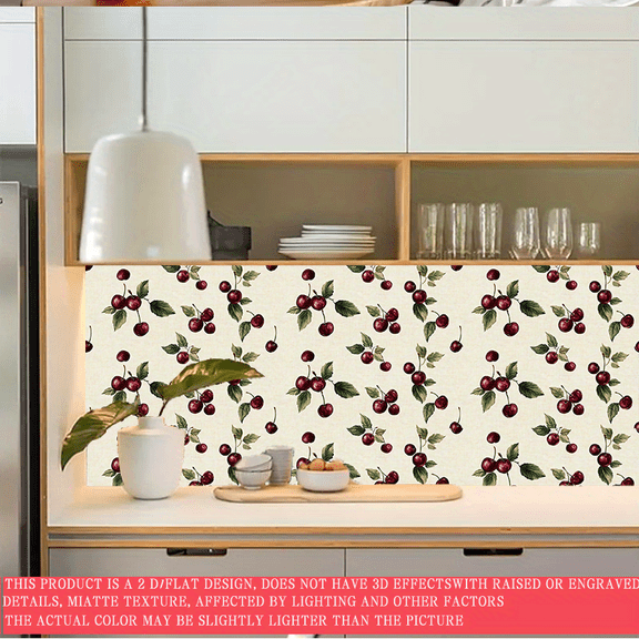 1 piece of 2D flat rough-textured matte wallpaper - Removable self-adhesive wallpaper, featuring a fresh cherry pattern and a rough-textured matte surface, suitable for bathrooms, kitchens, and balco