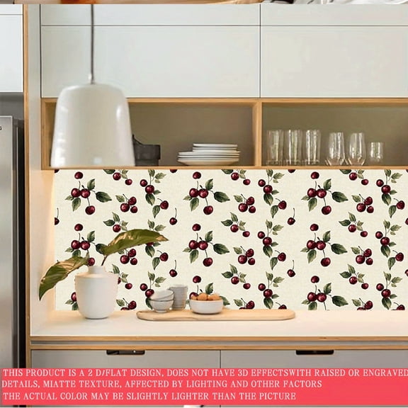 1 piece of 2D flat rough-textured matte wallpaper - Removable self-adhesive wallpaper, featuring a fresh cherry pattern and a rough-textured matte surface, suitable for bathrooms, kitchens, and balco
