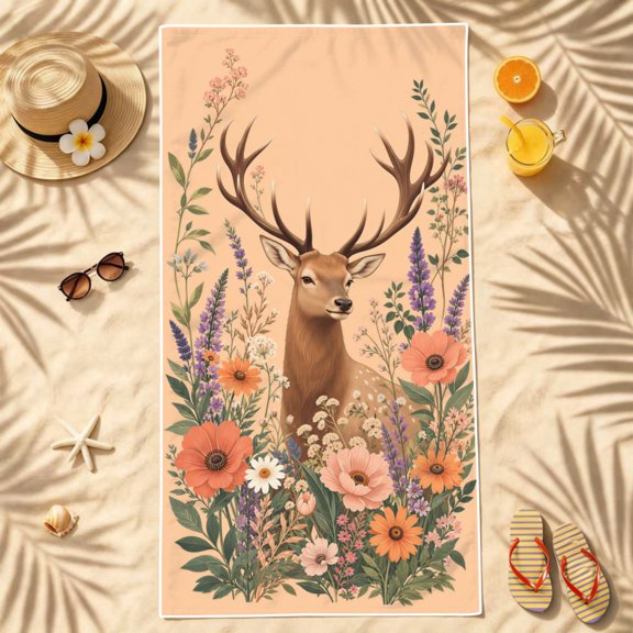 1 piece, 2d flat printing, large size beach towel, forest deer flower pattern beach towel, summer beach essential absorbent quick-drying bath towel, suitable for vacation, travel, bathing, swimming
