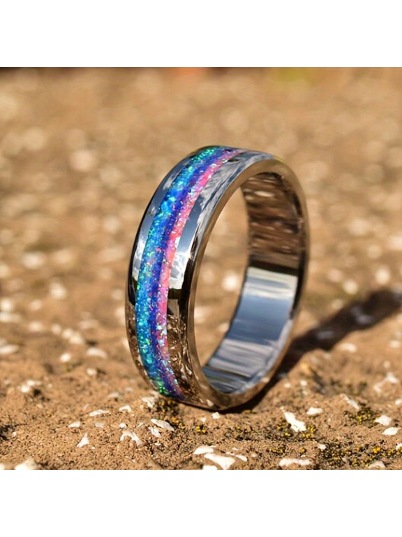 1 piece 316L stainless steel wedding ring - broken sea blue and pink imitation alloy inlay, starry night design with sequin details, universal single ring for men and women, cheap and luxurious,10