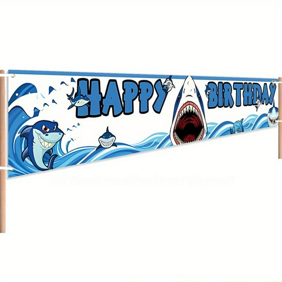 1 piece 78.8x 17.8inch Happy Birthday Cartoon Shark Party Banner - Durable Polyester Outdoor Yard Decoration, Bright Shark Pattern with Eye-catching Text, Suitable for Birthdays, Weddings, Graduations
