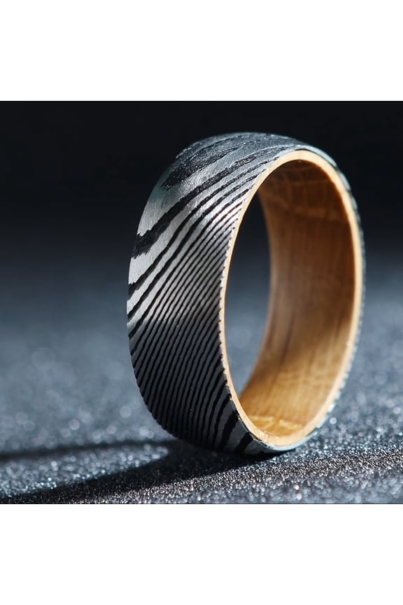 1 piece 8mm jewelry high quality Damascus whiskey barrel ring, men's Damascus steel and wood ring, boyfriend's unique engagement Christmas gift Damascus steel content >60%,Black,10