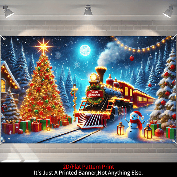 1 piece, Christmas banner background decoration, 2D flat Christmas train Christmas tree pattern background wall hanging decorative banner, party supplies, indoor/outdoor party decoration, entrance pa