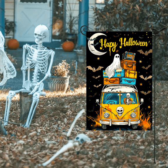 1 piece, Double-sided Halloween-themed garden flag - 2D flat Halloween Skeleton Bus Garden Flag - Ghost Pumpkin and Bat Party decoration, outdoor decoration, perfect for courtyard, lawn and outdoor d