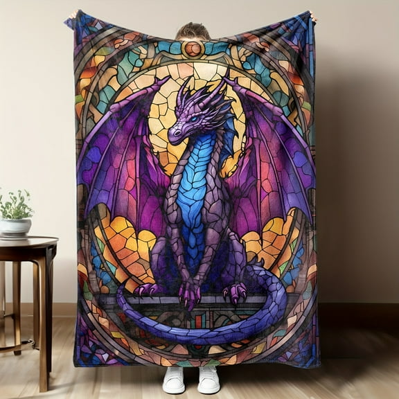 1 piece European glass dragon pattern blanket pixel flannel blanket soft thermal blanket nap blanket sofa office bed camping trip multi-purpose gift blanket