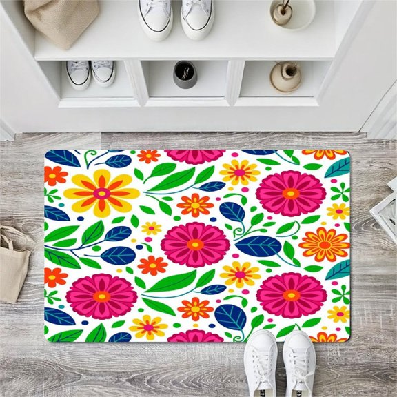 1-piece Flannel Non-slip Mat 1 Cm Thickness Bright Mexican Folk Floral Repeat Pattern Vivid Tropical Leaf Print ADVANCED WET & DRY NON-SLIP BASE