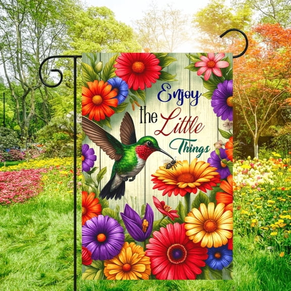 1 piece, Four-Season Decorative Double-sided Garden Flag - 2D flat hummingbird and colorful floral pattern design, courtyard sign, perfect for courtyard, lawn and outdoor decoration, garden decoratio