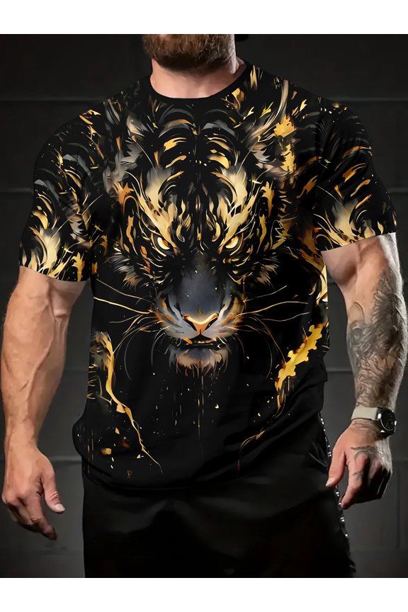 1 piece MenCasual crew neck T-shirt, black and gold oil tiger print, polyester Knitting fabric, slightly stretchy, short-sleeved pullover shirt, suitable for daily and weekend wear